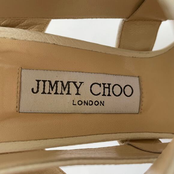 Jimmy Choo Maya 85 Cage Sandal Wood Heel Pebbled Leather Cream 37.5 - Picture 9 of 14